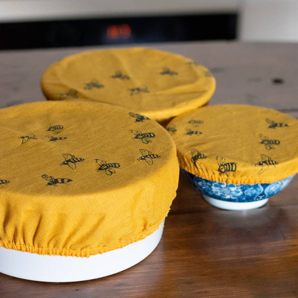 LINEN REUSABLE BOWL COVERS SET OF 3 - MUSTARD HONEY BEE