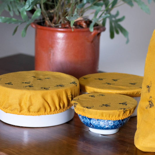 LINEN REUSABLE BOWL COVERS SET OF 3 - MUSTARD HONEY BEE